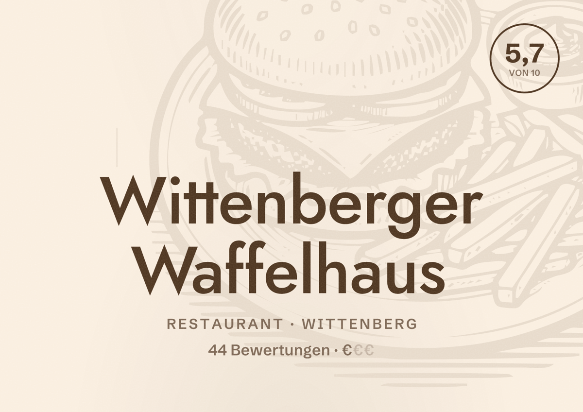 Illustriertes Poster von Wittenberger Waffelhaus, Restaurant in Wittenberg: Bewertung 5,7 von 10 aus 44 Bewertungen, Preisniveau €