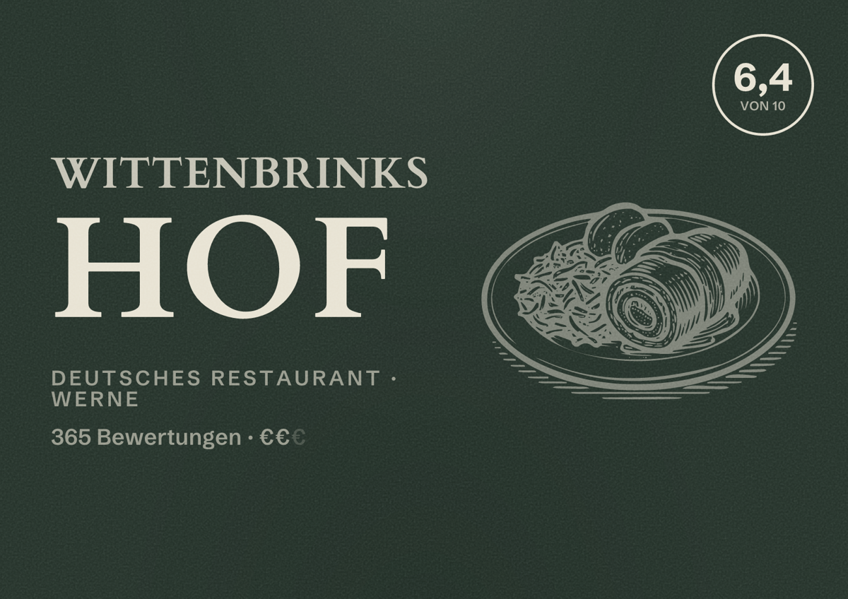 Illustriertes Poster von Wittenbrinks Hof, Deutsches Restaurant in Werne: Bewertung 6,4 von 10 aus 365 Bewertungen, Preisniveau €€