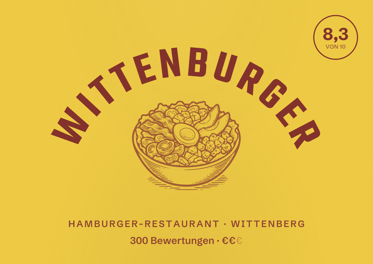Illustriertes Poster von WittenBurger, Hamburger-Restaurant in Wittenberg: Bewertung 8,3 von 10 aus 300 Bewertungen, Preisniveau €€