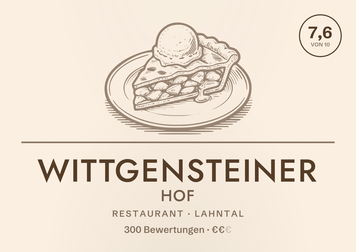 Illustriertes Poster von Wittgensteiner Hof, Restaurant in Lahntal: Bewertung 7,6 von 10 aus 300 Bewertungen, Preisniveau €€
