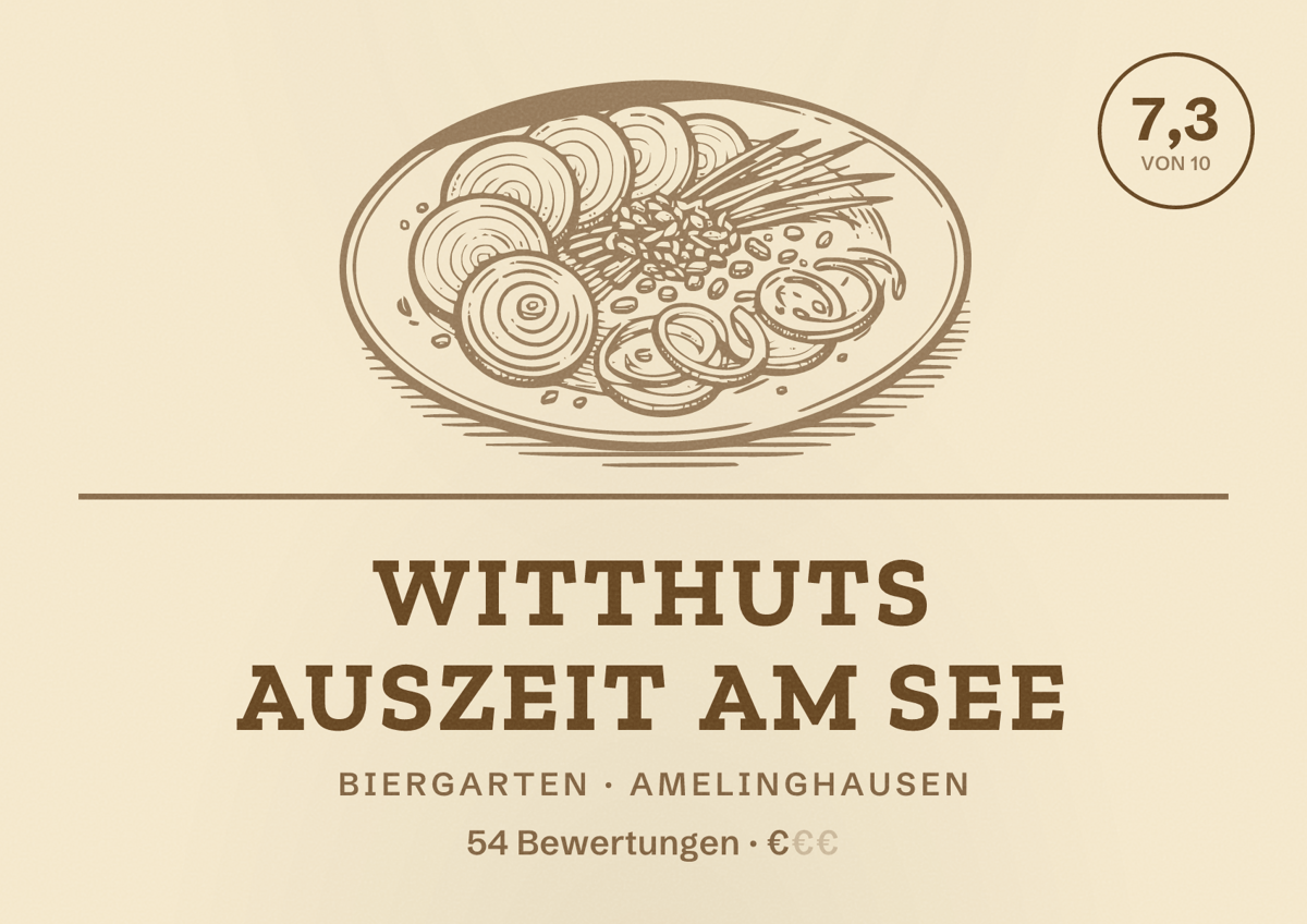 Illustriertes Poster von Witthuts Auszeit am See, Biergarten in Amelinghausen: Bewertung 7,3 von 10 aus 54 Bewertungen, Preisniveau €