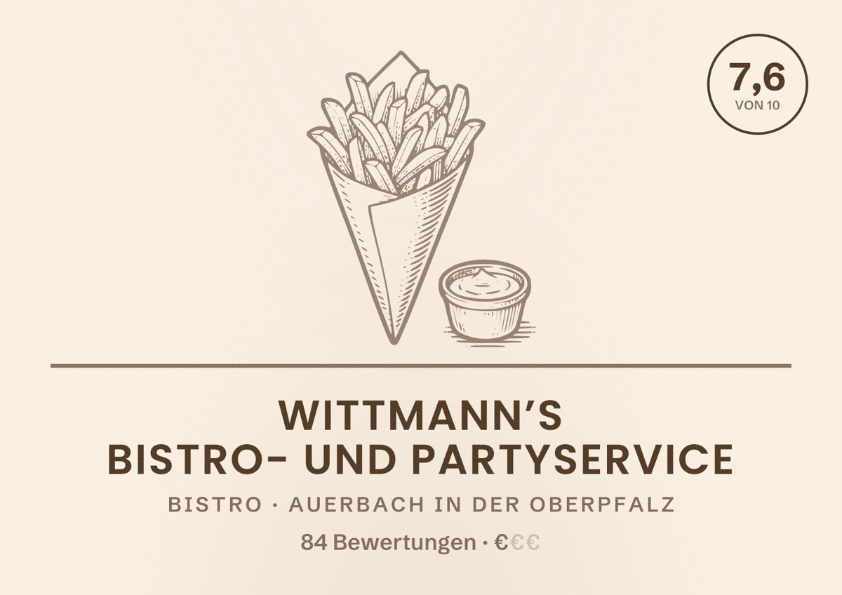 Illustriertes Poster von Wittmann’s Bistro- und Partyservice, Bistro in Auerbach in der Oberpfalz: Bewertung 7,6 von 10 aus 84 Bewertungen, Preisniveau €