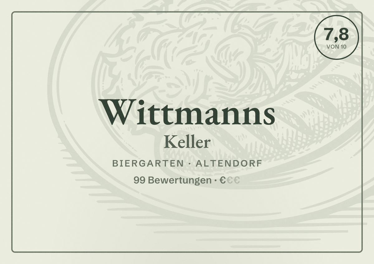 Illustriertes Poster von Wittmanns Keller, Biergarten in Altendorf: Bewertung 7,8 von 10 aus 99 Bewertungen, Preisniveau €