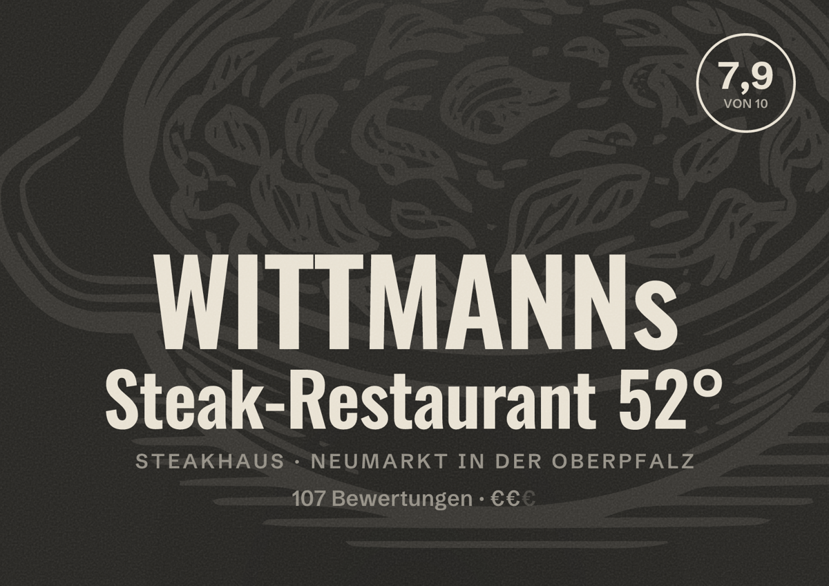 Illustriertes Poster von WITTMANNs Steak-Restaurant 52°, Steakhaus in Neumarkt in der Oberpfalz: Bewertung 7,9 von 10 aus 107 Bewertungen, Preisniveau €€