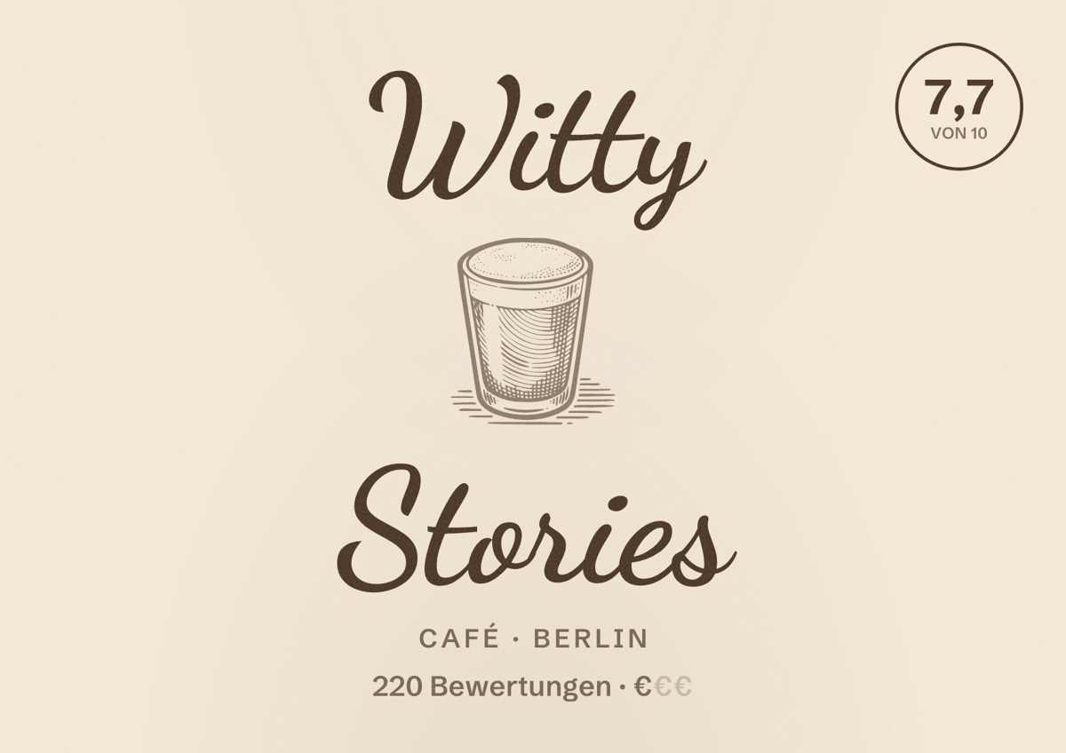 Illustriertes Poster von Witty Stories, Café in Berlin: Bewertung 7,7 von 10 aus 220 Bewertungen, Preisniveau €