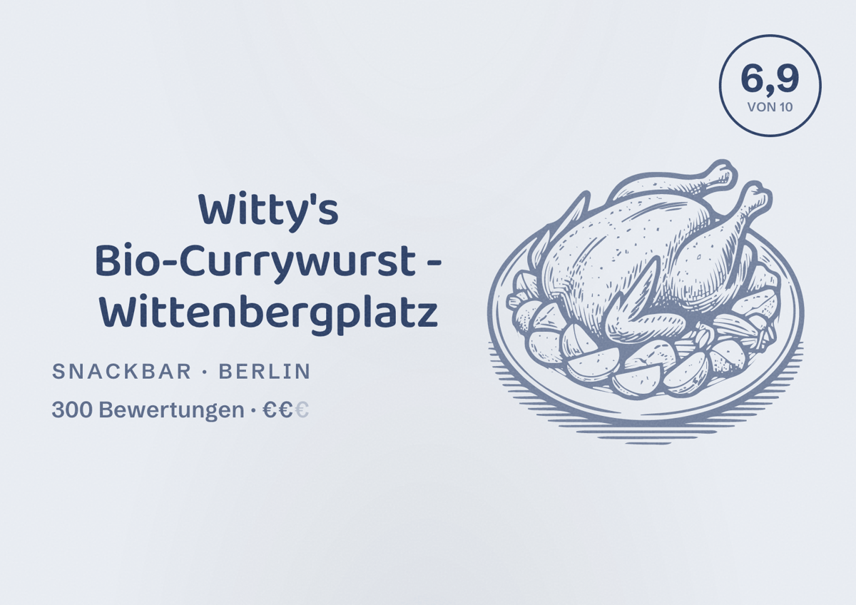 Illustriertes Poster von Witty's Bio-Currywurst - Wittenbergplatz, Snackbar in Berlin: Bewertung 6,9 von 10 aus 300 Bewertungen, Preisniveau €€