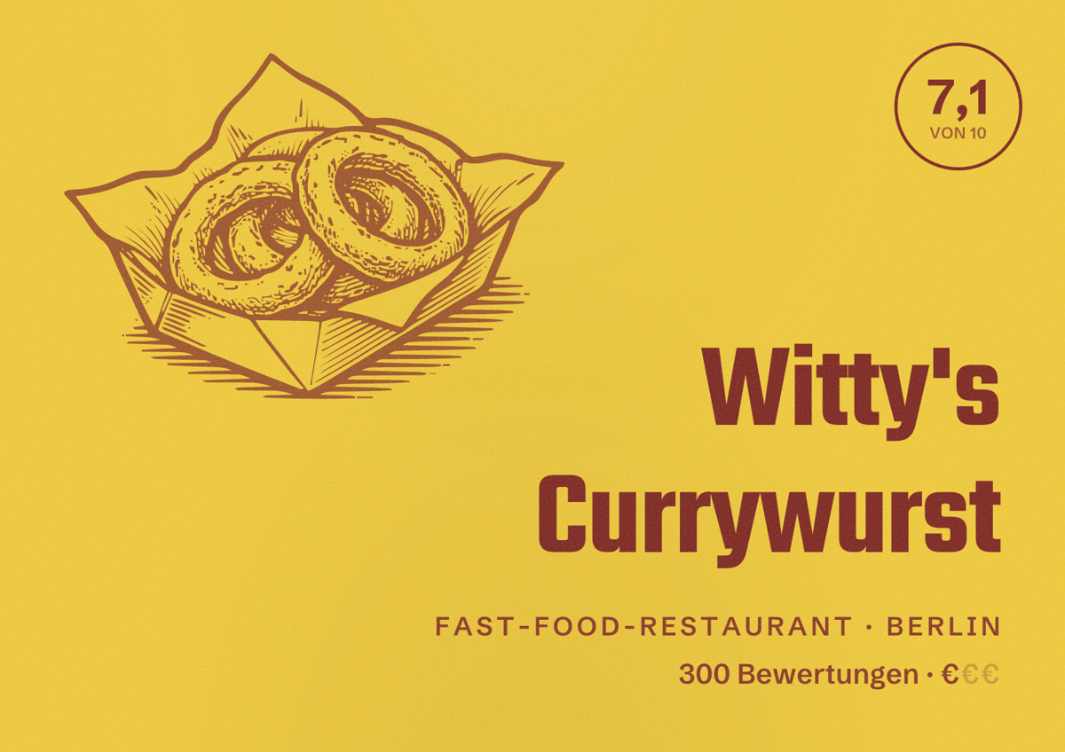 Illustriertes Poster von Witty's Currywurst, Fast-Food-Restaurant in Berlin: Bewertung 7,1 von 10 aus 300 Bewertungen, Preisniveau €