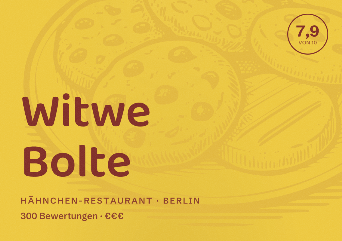 Illustriertes Poster von Witwe Bolte, Hähnchen-Restaurant in Berlin: Bewertung 7,9 von 10 aus 300 Bewertungen, Preisniveau €€€