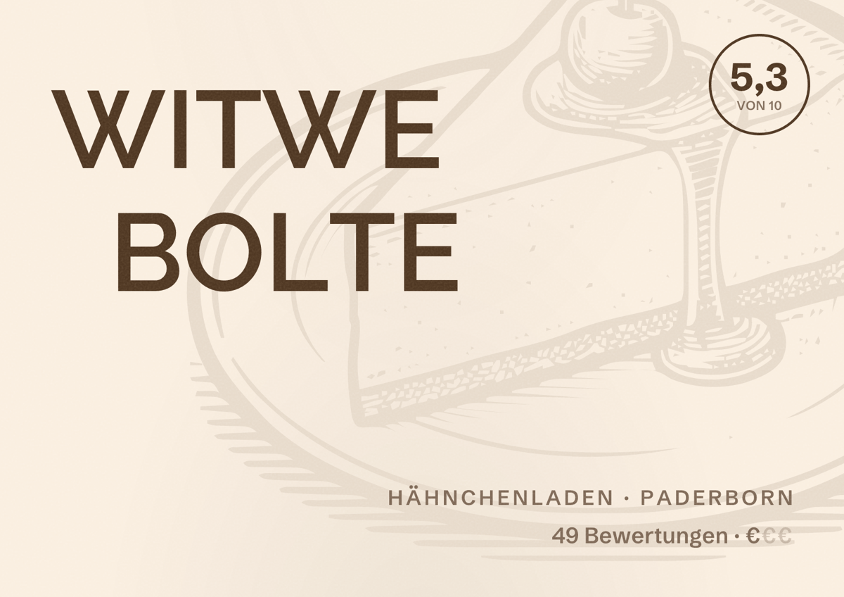 Illustriertes Poster von WITWE BOLTE, Hähnchenladen in Paderborn: Bewertung 5,3 von 10 aus 49 Bewertungen, Preisniveau €