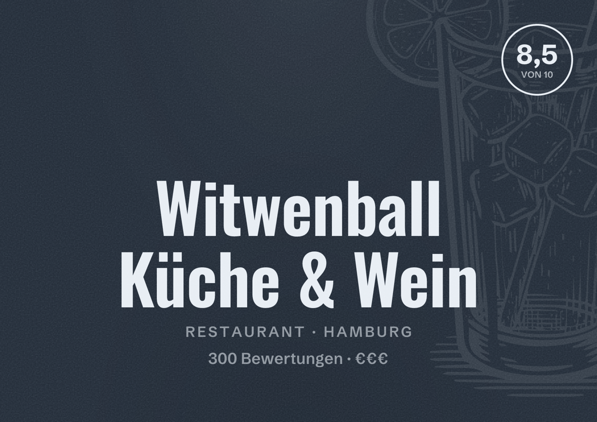 Illustriertes Poster von Witwenball Küche & Wein, Restaurant in Hamburg: Bewertung 8,5 von 10 aus 300 Bewertungen, Preisniveau €€€