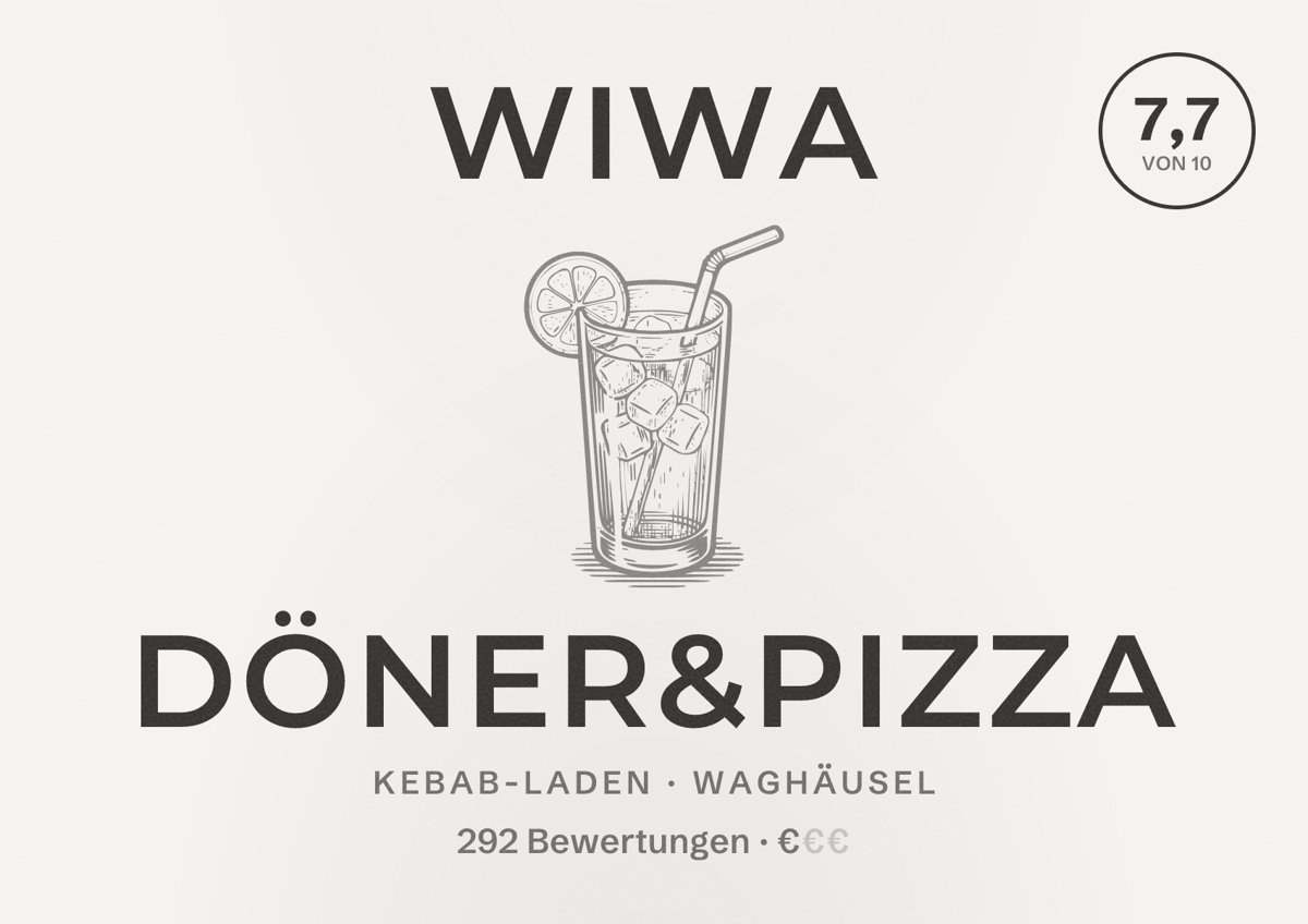 Illustriertes Poster von Wiwa Döner&Pizza, Kebab-Laden in Waghäusel: Bewertung 7,7 von 10 aus 292 Bewertungen, Preisniveau €