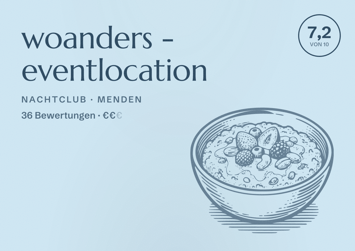 Illustriertes Poster von woanders - eventlocation, Nachtclub in Menden: Bewertung 7,2 von 10 aus 36 Bewertungen, Preisniveau €€