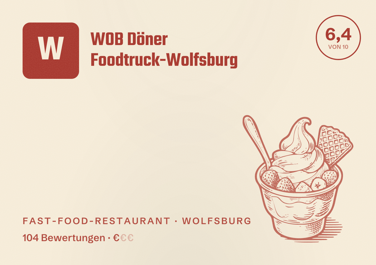 Illustriertes Poster von WOB Döner Foodtruck-Wolfsburg, Fast-Food-Restaurant in Wolfsburg: Bewertung 6,4 von 10 aus 104 Bewertungen, Preisniveau €
