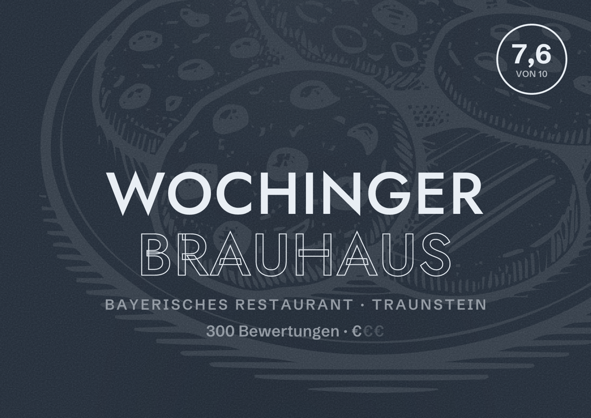 Illustriertes Poster von Wochinger Brauhaus, Bayerisches Restaurant in Traunstein: Bewertung 7,6 von 10 aus 300 Bewertungen, Preisniveau €