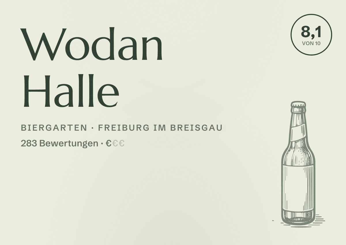 Illustriertes Poster von Wodan Halle, Biergarten in Freiburg im Breisgau: Bewertung 8,1 von 10 aus 283 Bewertungen, Preisniveau €