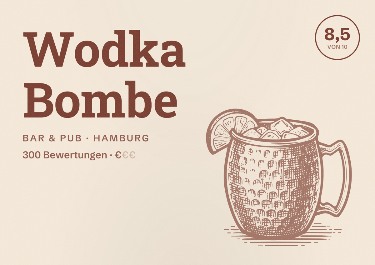 Illustriertes Poster von Wodka Bombe, Bar & Pub in Hamburg: Bewertung 8,5 von 10 aus 300 Bewertungen, Preisniveau €