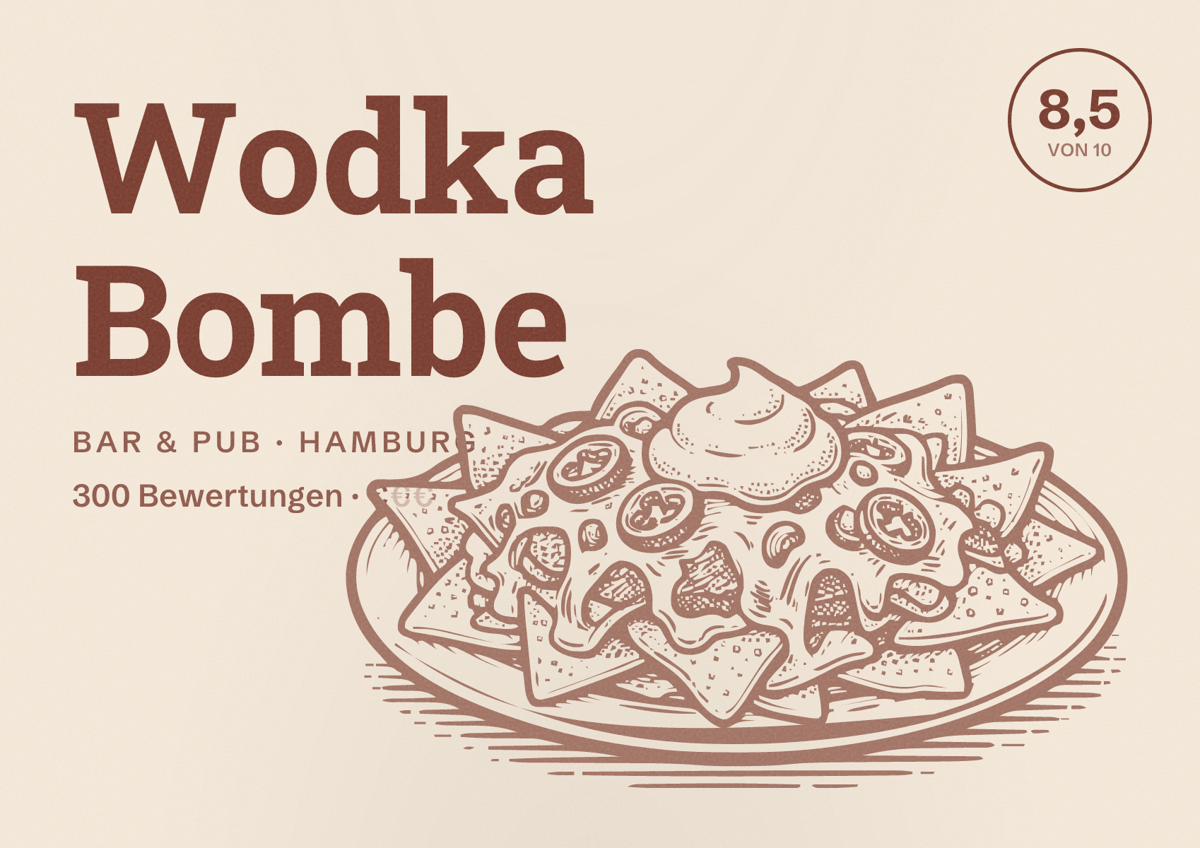 Illustriertes Poster von Wodka Bombe, Bar & Pub in Hamburg: Bewertung 8,5 von 10 aus 300 Bewertungen, Preisniveau €