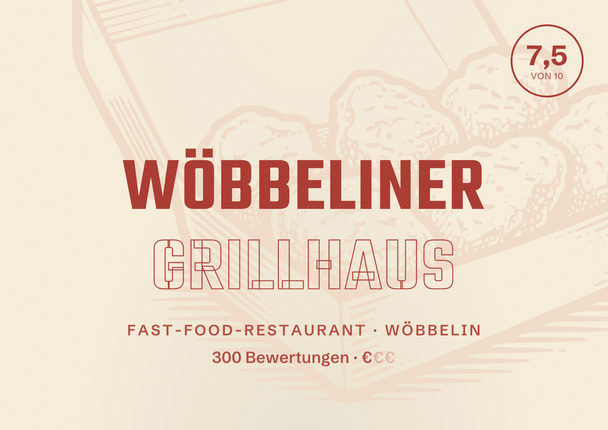 Illustriertes Poster von Wöbbeliner Grillhaus, Fast-Food-Restaurant in Wöbbelin: Bewertung 7,5 von 10 aus 300 Bewertungen, Preisniveau €