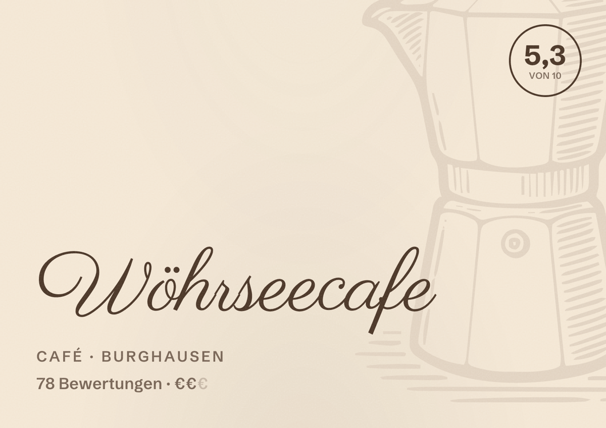 Illustriertes Poster von Wöhrseecafe, Café in Burghausen: Bewertung 5,3 von 10 aus 78 Bewertungen, Preisniveau €€