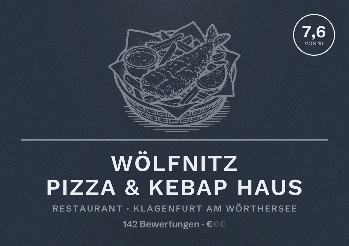 Illustriertes Poster von Wölfnitz Pizza & Kebap Haus, Restaurant in Klagenfurt am Wörthersee: Bewertung 7,6 von 10 aus 142 Bewertungen, Preisniveau €