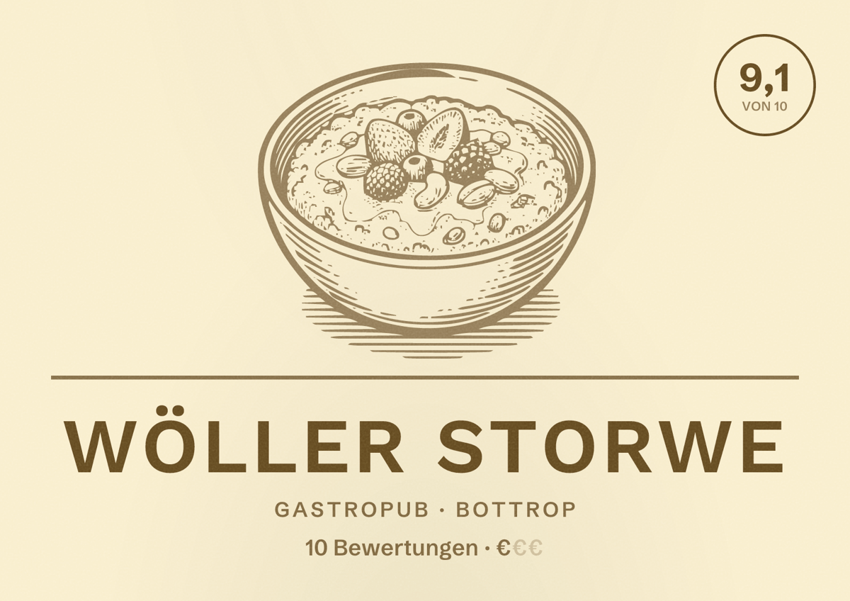 Illustriertes Poster von Wöller Storwe, Gastropub in Bottrop: Bewertung 9,1 von 10 aus 10 Bewertungen, Preisniveau €