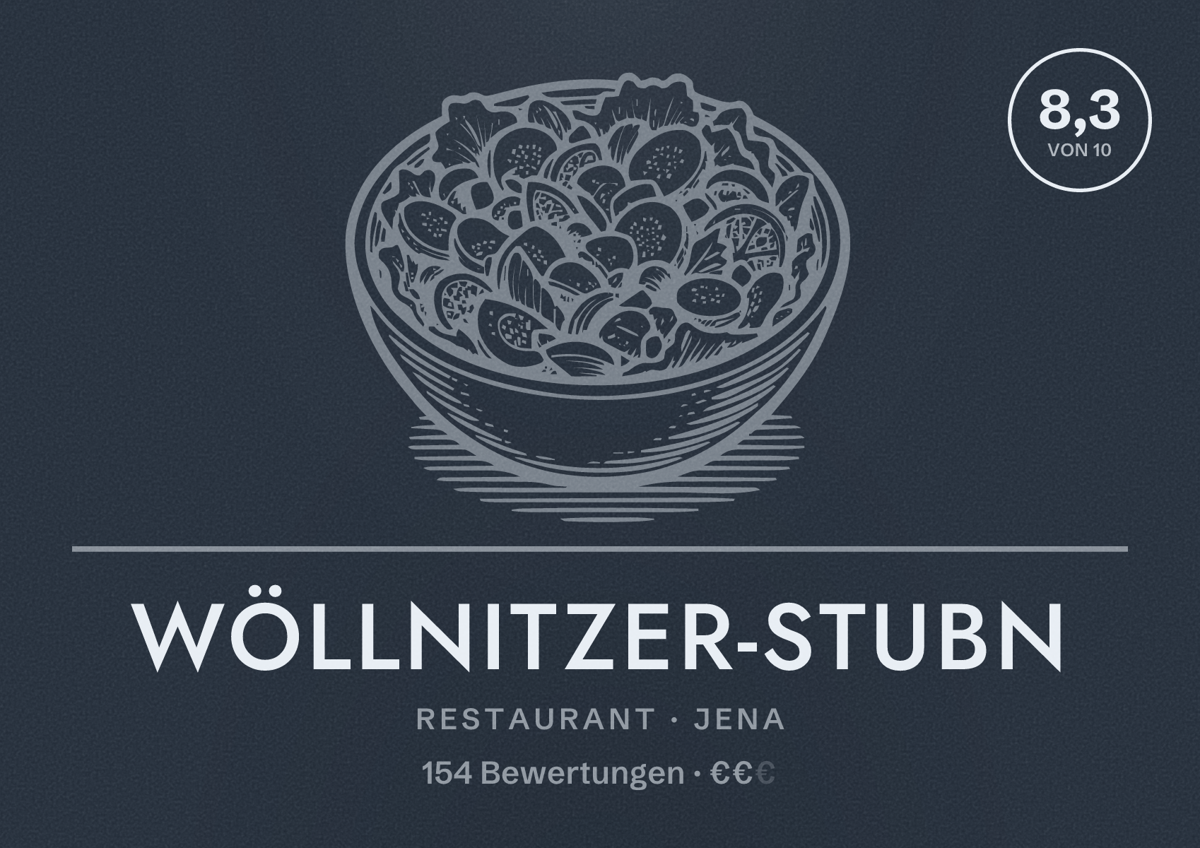 Illustriertes Poster von Wöllnitzer-Stubn, Restaurant in Jena: Bewertung 8,3 von 10 aus 154 Bewertungen, Preisniveau €€