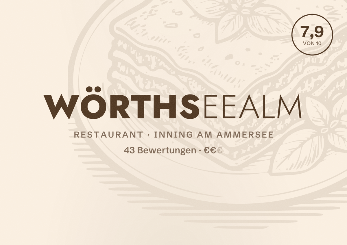 Illustriertes Poster von Wörthseealm, Restaurant in Inning am Ammersee: Bewertung 7,9 von 10 aus 43 Bewertungen, Preisniveau €€