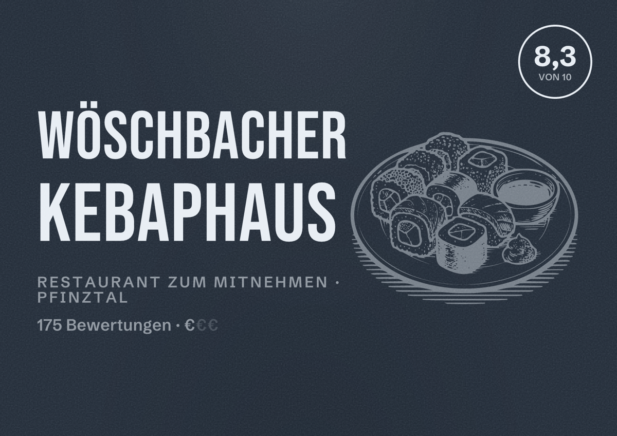 Illustriertes Poster von Wöschbacher KEBAPHAUS, Restaurant zum Mitnehmen in Pfinztal: Bewertung 8,3 von 10 aus 175 Bewertungen, Preisniveau €