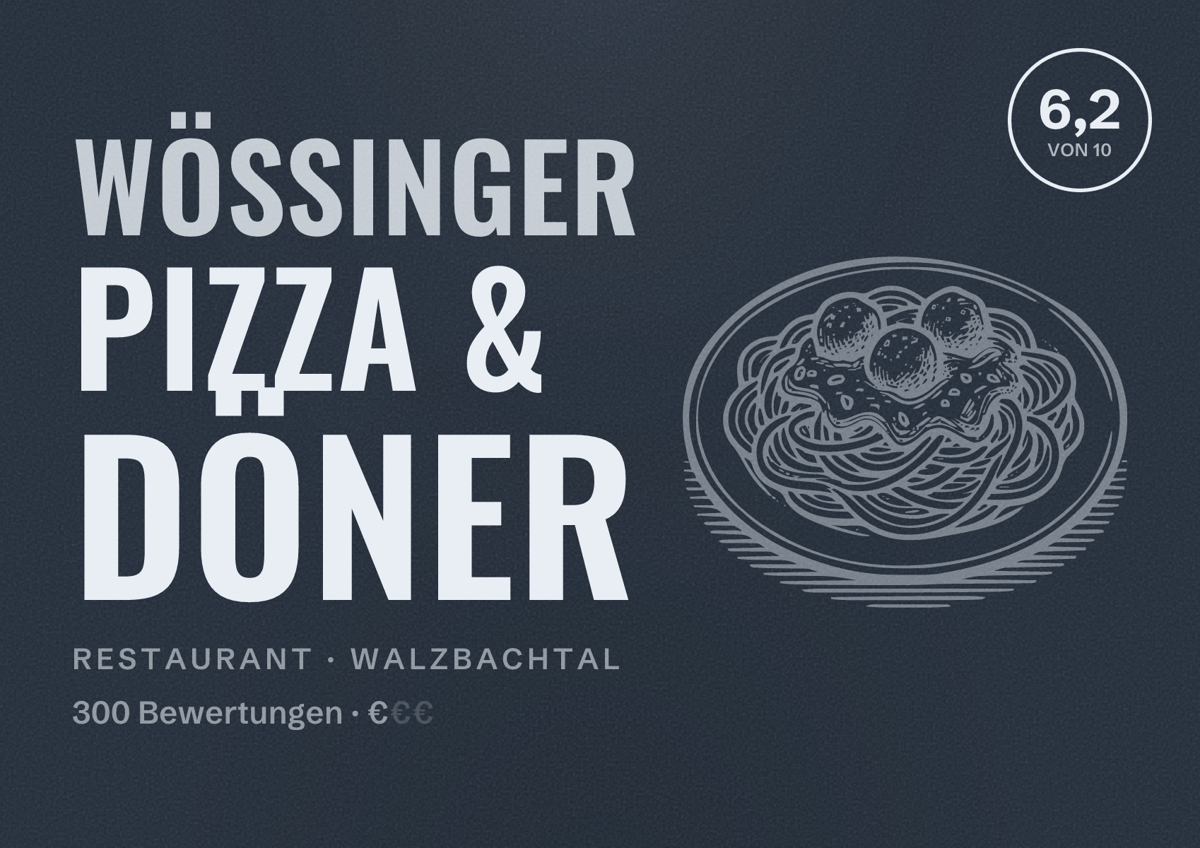 Illustriertes Poster von Wössinger Pizza & Döner, Restaurant in Walzbachtal: Bewertung 6,2 von 10 aus 300 Bewertungen, Preisniveau €