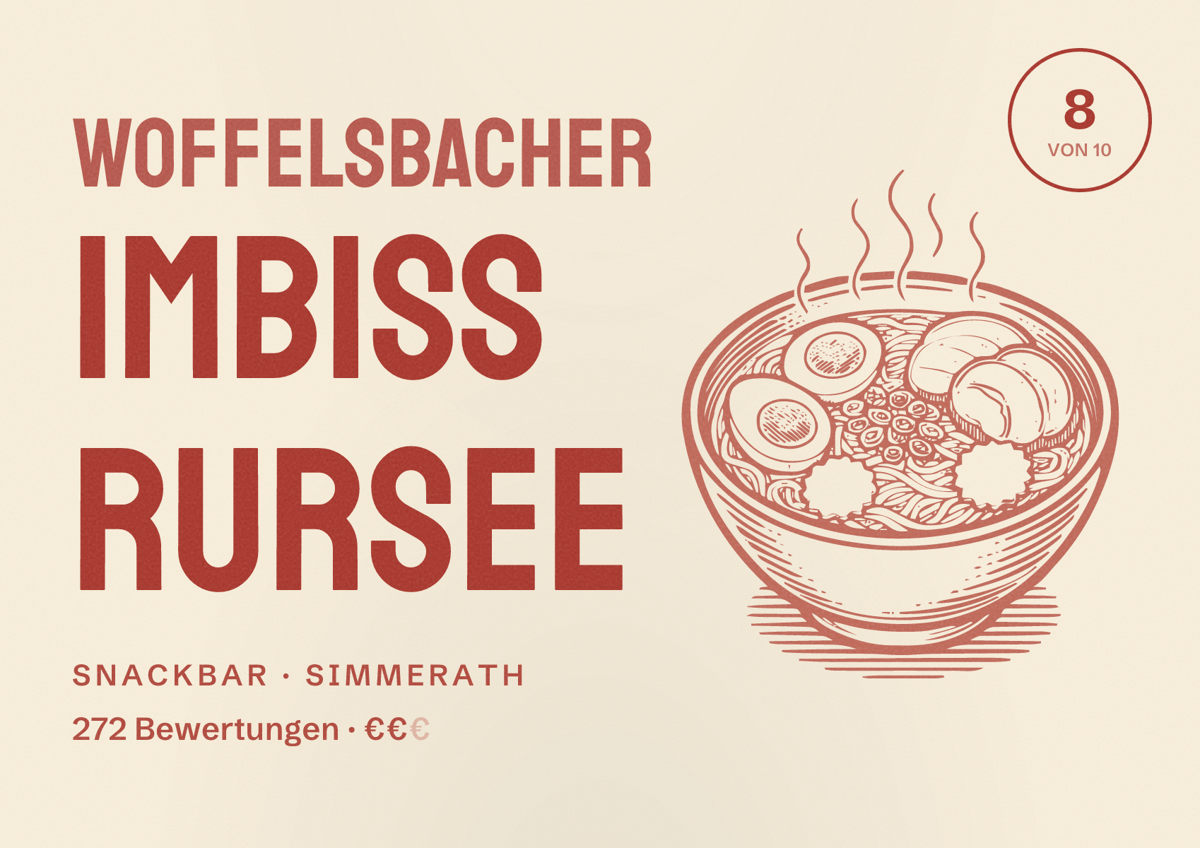 Illustriertes Poster von Woffelsbacher Imbiss Rursee, Snackbar in Simmerath: Bewertung 8 von 10 aus 272 Bewertungen, Preisniveau €€