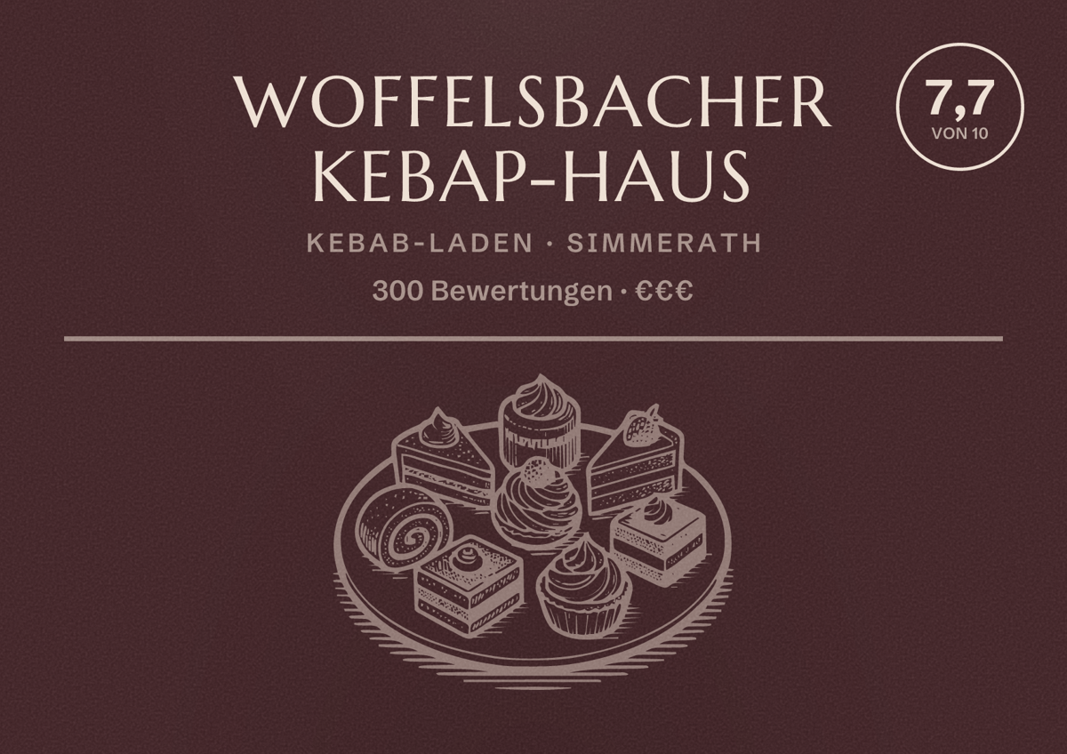 Illustriertes Poster von Woffelsbacher Kebap-Haus, Kebab-Laden in Simmerath: Bewertung 7,7 von 10 aus 300 Bewertungen, Preisniveau €€€