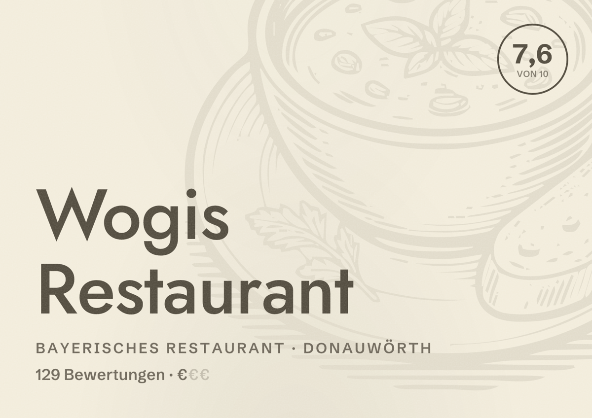 Illustriertes Poster von Wogis Restaurant, Bayerisches Restaurant in Donauwörth: Bewertung 7,6 von 10 aus 129 Bewertungen, Preisniveau €