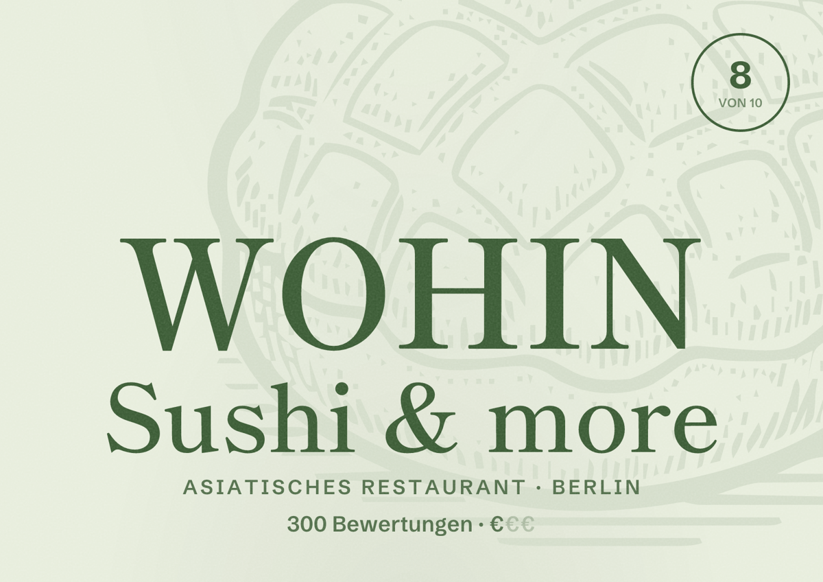 Illustriertes Poster von WOHIN Sushi & more, Asiatisches Restaurant in Berlin: Bewertung 8,0 von 10 aus 300 Bewertungen, Preisniveau €