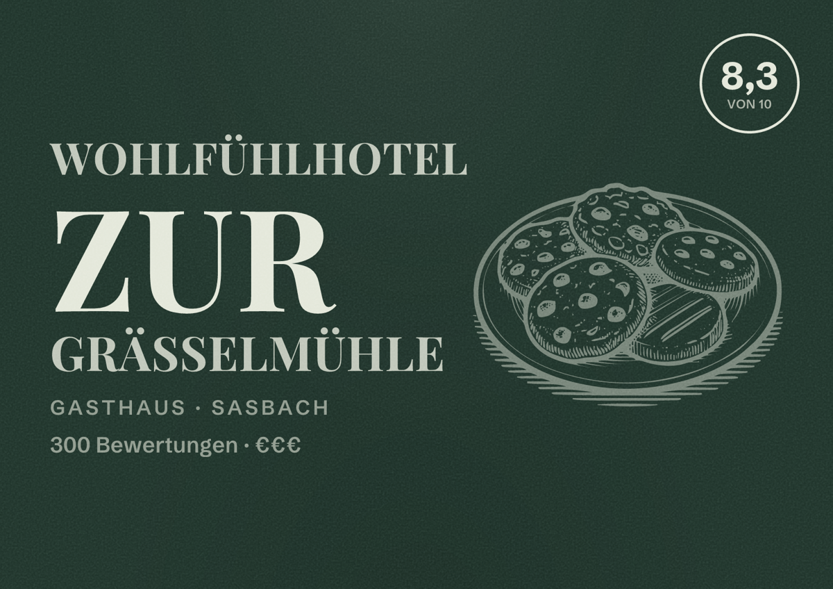 Illustriertes Poster von Wohlfühlhotel zur Grässelmühle, Gasthaus in Sasbach: Bewertung 8,3 von 10 aus 300 Bewertungen, Preisniveau €€€