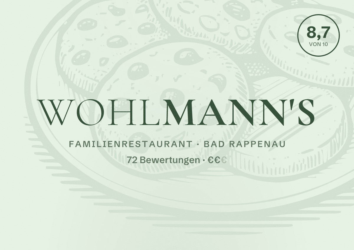 Illustriertes Poster von Wohlmann's, Familienrestaurant in Bad Rappenau: Bewertung 8,7 von 10 aus 72 Bewertungen, Preisniveau €€