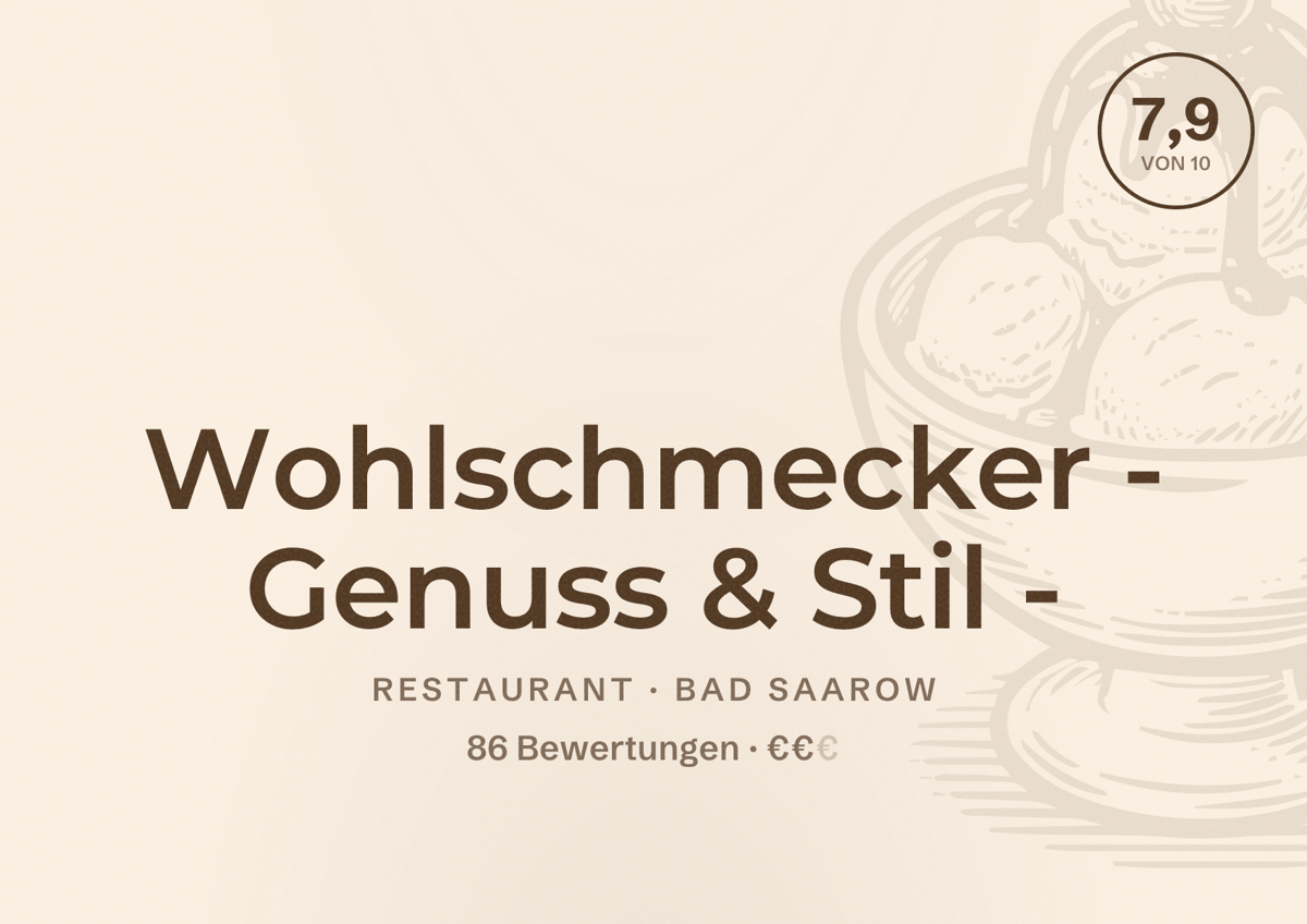 Illustriertes Poster von Wohlschmecker - Genuss & Stil -, Restaurant in Bad Saarow: Bewertung 7,9 von 10 aus 86 Bewertungen, Preisniveau €€