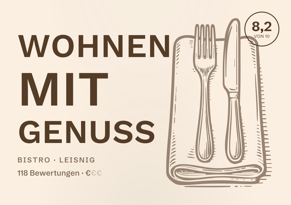 Illustriertes Poster von Wohnen mit Genuss, Bistro in Leisnig: Bewertung 8,2 von 10 aus 118 Bewertungen, Preisniveau €