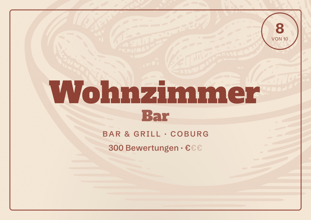 Illustriertes Poster von Wohnzimmer Bar, Bar & Grill in Coburg: Bewertung 8 von 10 aus 300 Bewertungen, Preisniveau €