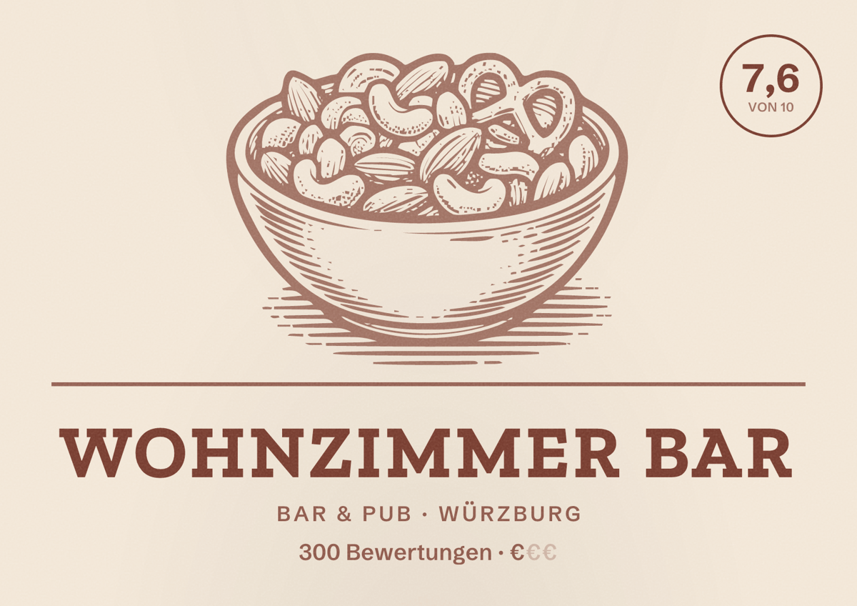 Illustriertes Poster von Wohnzimmer Bar, Bar & Pub in Würzburg: Bewertung 7,6 von 10 aus 300 Bewertungen, Preisniveau €