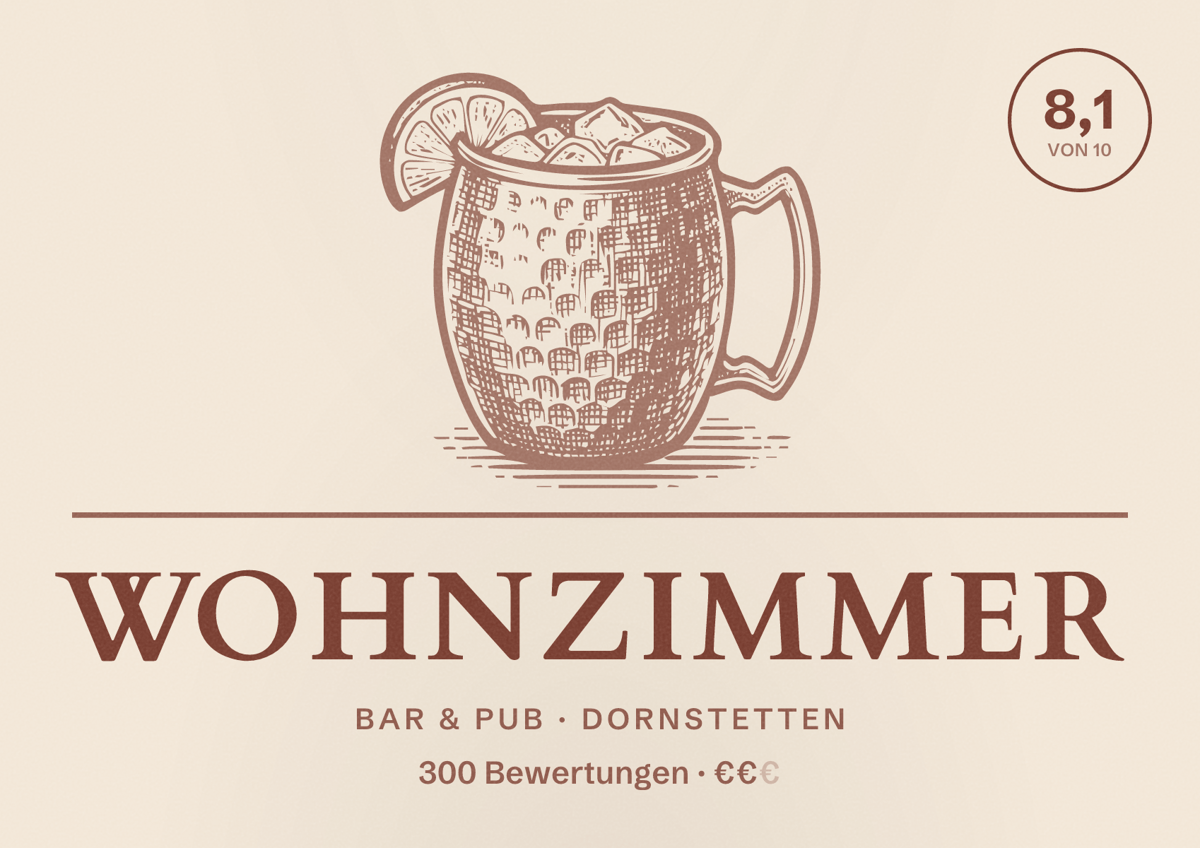 Illustriertes Poster von Wohnzimmer, Bar & Pub in Dornstetten: Bewertung 8,1 von 10 aus 300 Bewertungen, Preisniveau €€