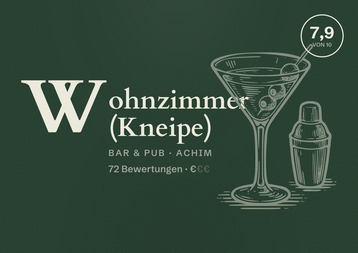 Illustriertes Poster von Wohnzimmer (Kneipe), Bar & Pub in Achim: Bewertung 7,9 von 10 aus 72 Bewertungen, Preisniveau €