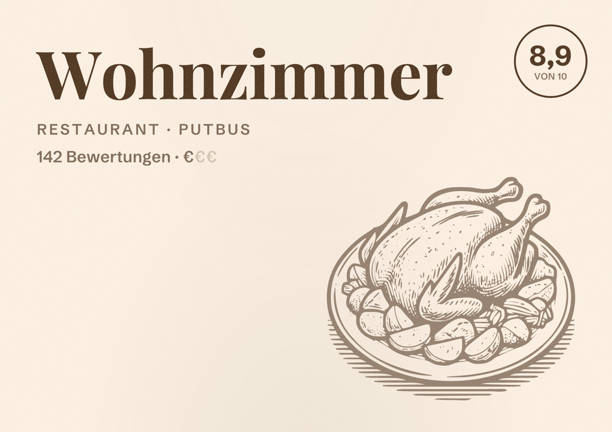 Illustriertes Poster von Wohnzimmer, Restaurant in Putbus: Bewertung 8,9 von 10 aus 142 Bewertungen, Preisniveau €