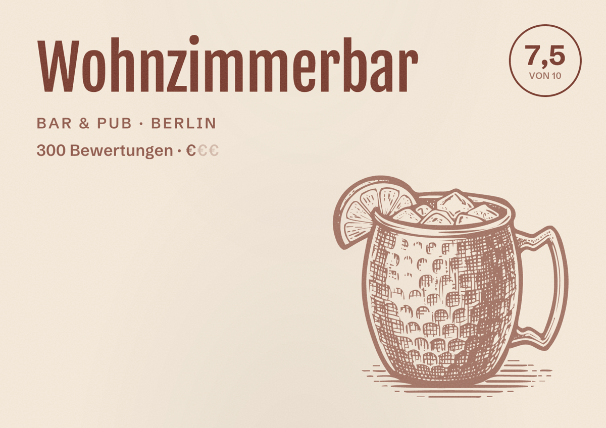 Illustriertes Poster von Wohnzimmerbar, Bar & Pub in Berlin: Bewertung 7,5 von 10 aus 300 Bewertungen, Preisniveau €