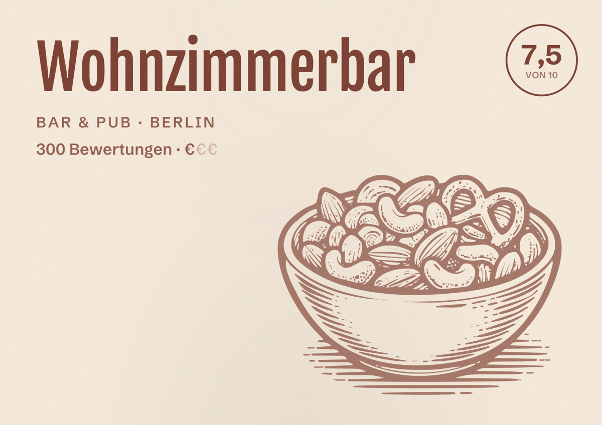 Illustriertes Poster von Wohnzimmerbar, Bar & Pub in Berlin: Bewertung 7,5 von 10 aus 300 Bewertungen, Preisniveau €