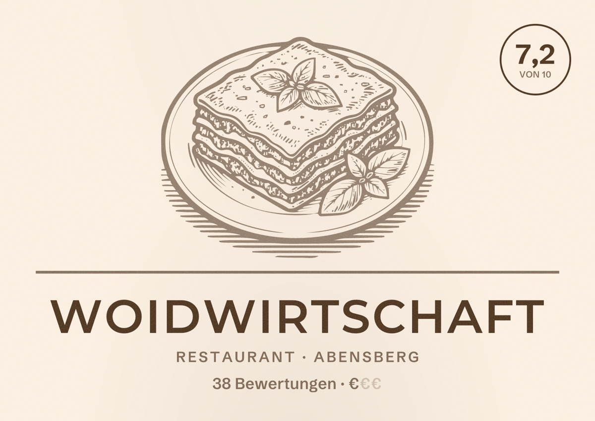 Illustriertes Poster von Woidwirtschaft, Restaurant in Abensberg: Bewertung 7,2 von 10 aus 38 Bewertungen, Preisniveau €