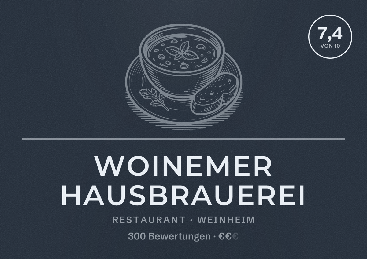 Illustriertes Poster von Woinemer Hausbrauerei, Restaurant in Weinheim: Bewertung 7,4 von 10 aus 300 Bewertungen, Preisniveau €€