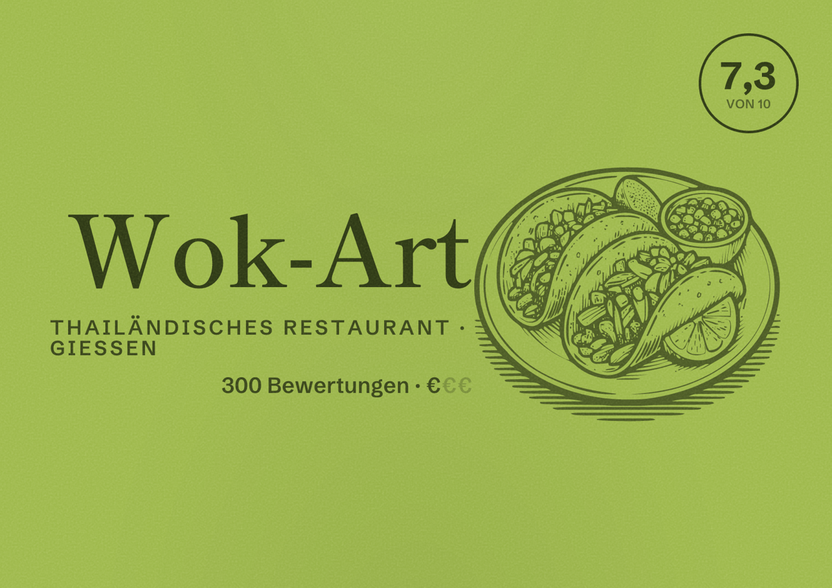 Illustriertes Poster von Wok-Art, Thailändisches Restaurant in Gießen: Bewertung 7,3 von 10 aus 300 Bewertungen, Preisniveau €