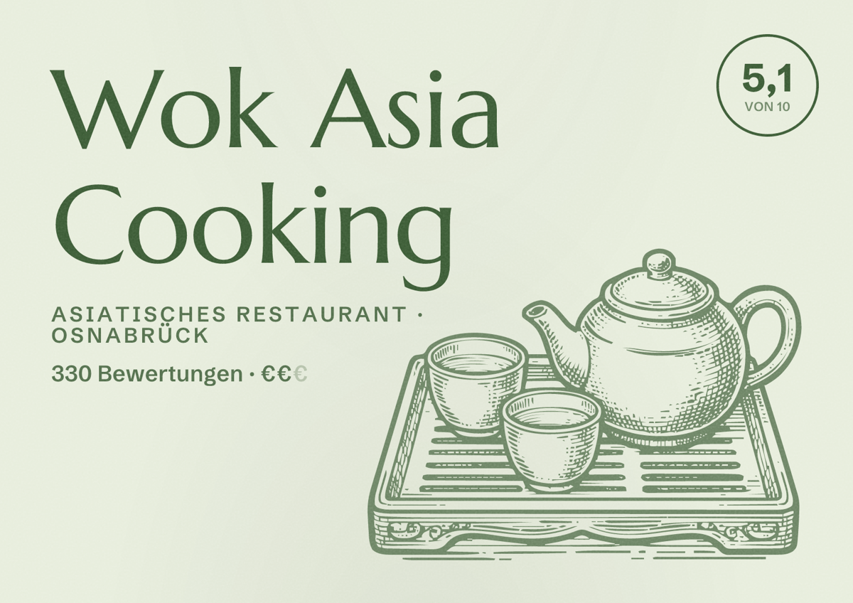 Illustriertes Poster von Wok Asia Cooking, Asiatisches Restaurant in Osnabrück: Bewertung 5,1 von 10 aus 330 Bewertungen, Preisniveau €€
