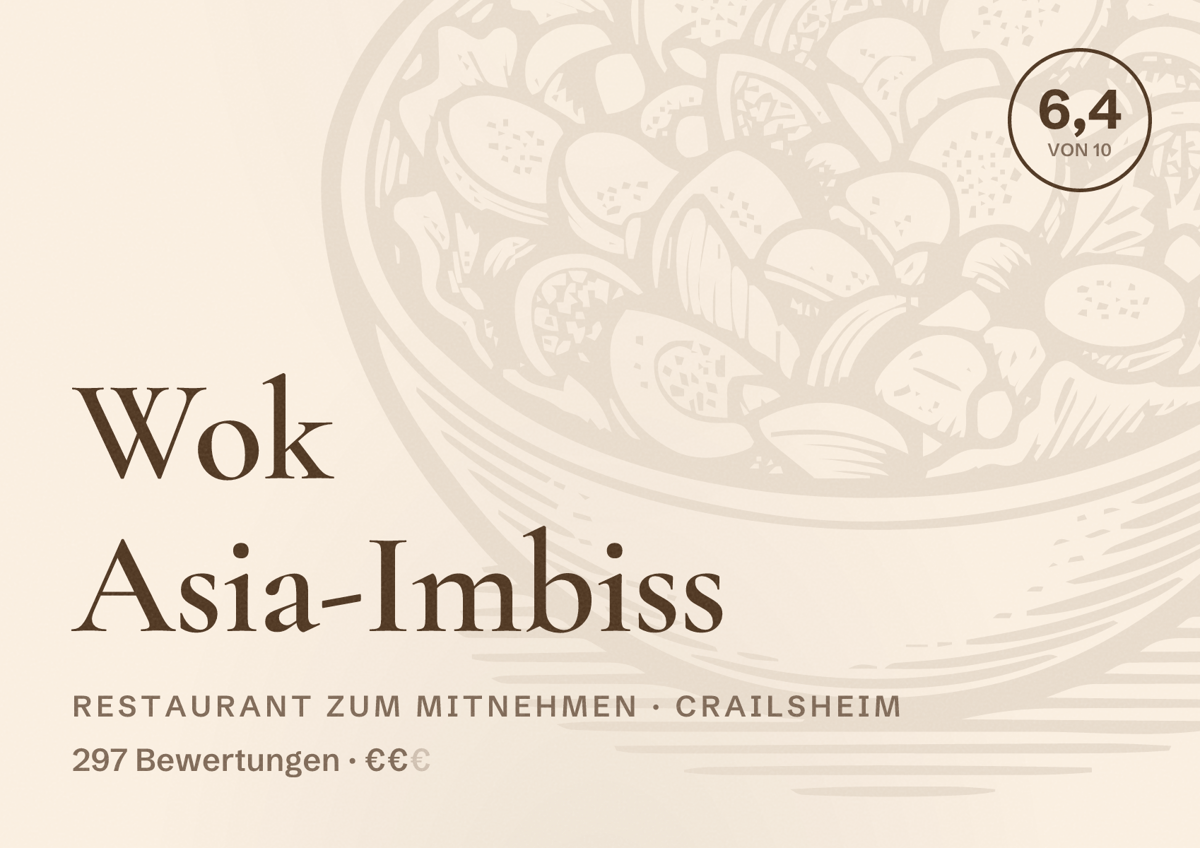 Illustriertes Poster von Wok Asia-Imbiss, Restaurant zum Mitnehmen in Crailsheim: Bewertung 6,4 von 10 aus 297 Bewertungen, Preisniveau €€