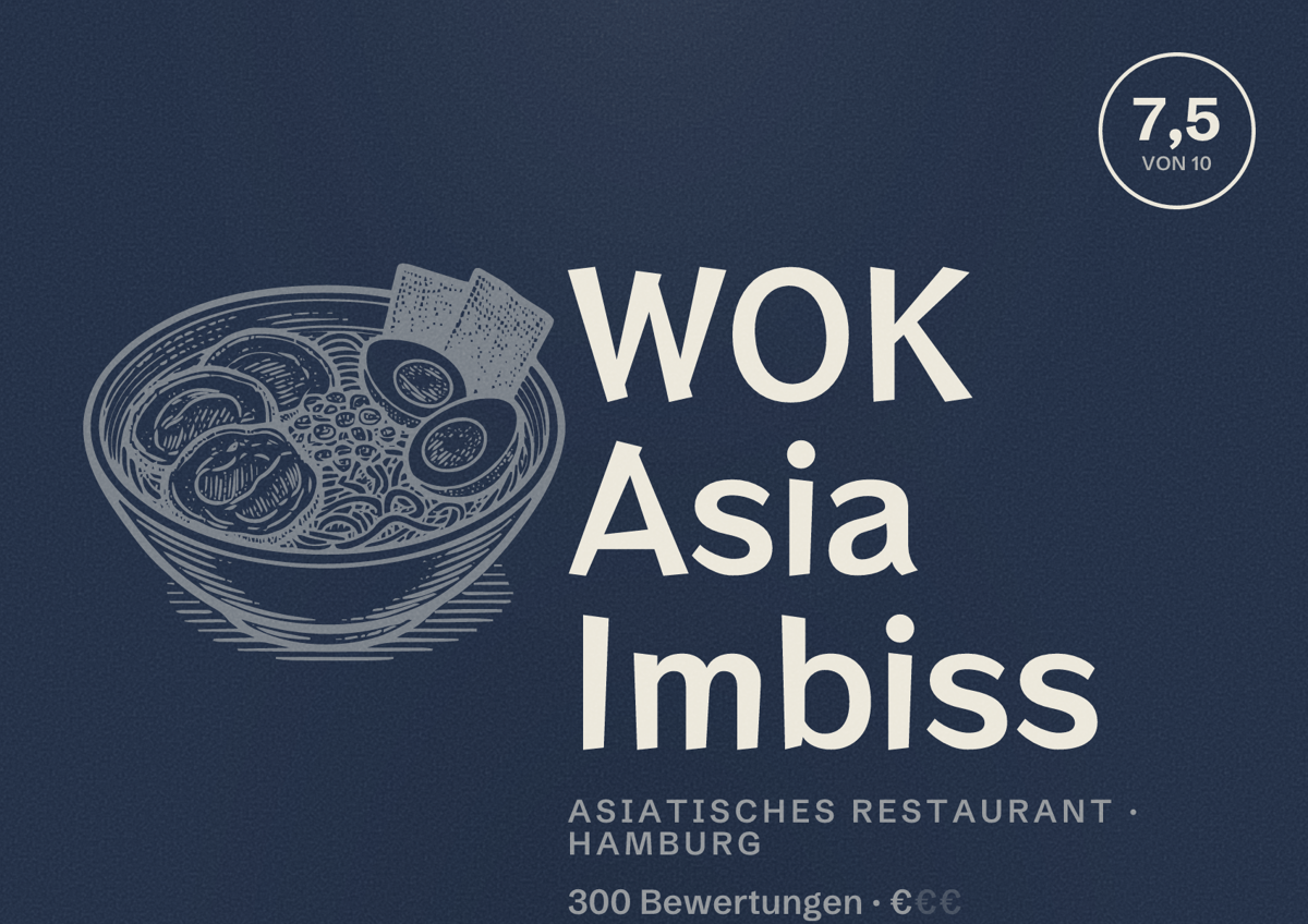 Illustriertes Poster von WOK Asia Imbiss, Asiatisches Restaurant in Hamburg: Bewertung 7,5 von 10 aus 300 Bewertungen, Preisniveau €
